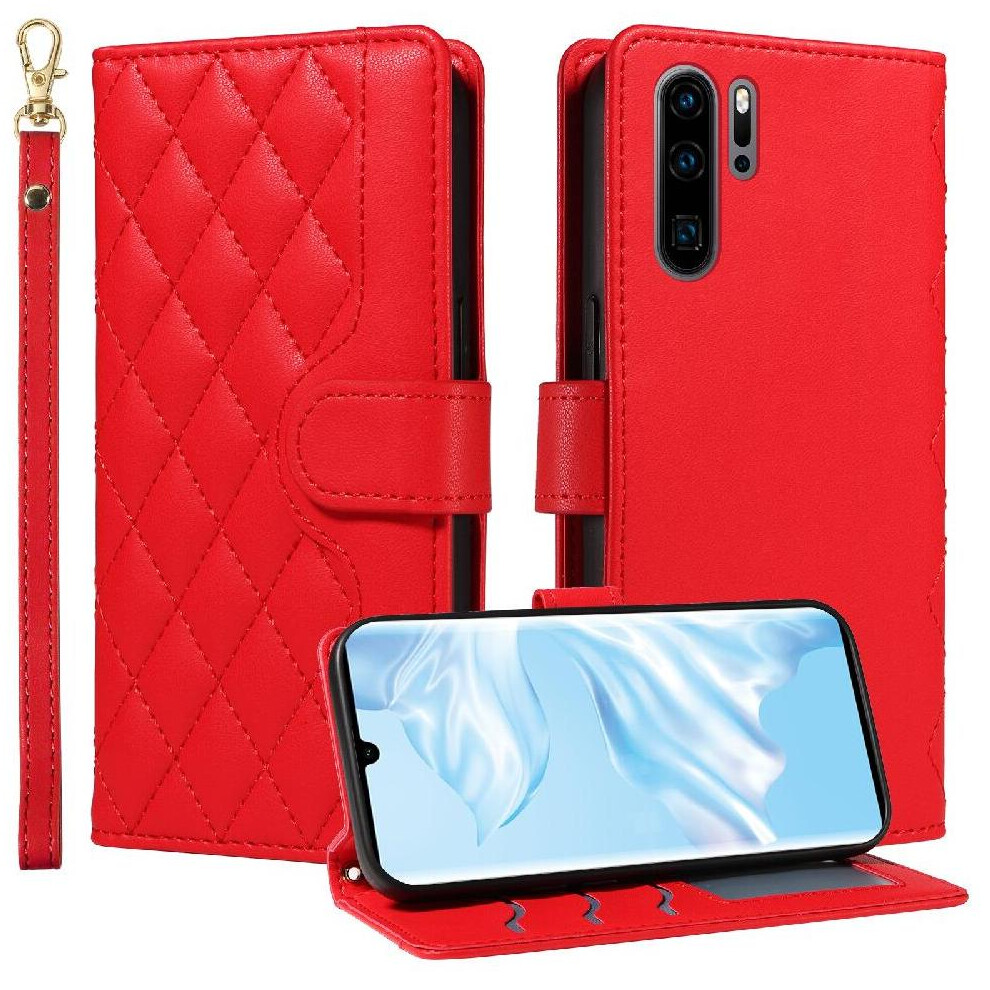 (Red) Flip Case For Huawei P30 Pro Detachable Wrist Strap And Long Lanyard Wallet Card Slots Lattice Flip Folio Phone Case With Stand Red 764549448050