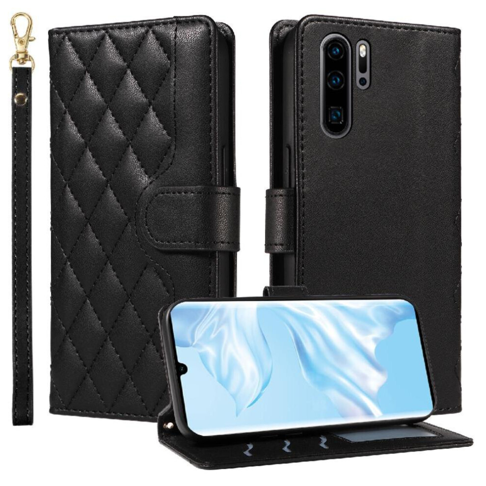 (Black) Flip Case For Huawei P30 Pro Detachable Wrist Strap And Long Lanyard Wallet Card Slots Lattice Flip Folio Phone Case With Stand Black 764549448036