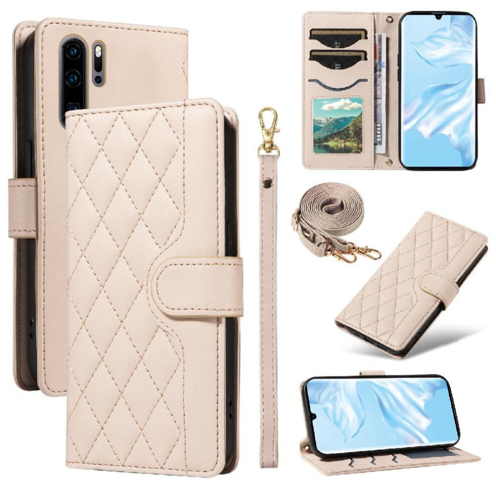 (Creamy ) Flip Case For Huawei P30 Pro Detachable Wrist Strap And Long Lanyard Wallet Card Slots Lattice Flip Folio Phone Case With Stand White 764549448067