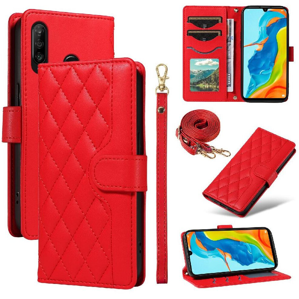 (Red) Flip Case For Huawei P30 Lite Lattice Flip Folio Phone Case With Stand Wallet Card Slots Detachable Wrist Strap And Long Lanyard Red 764549448135