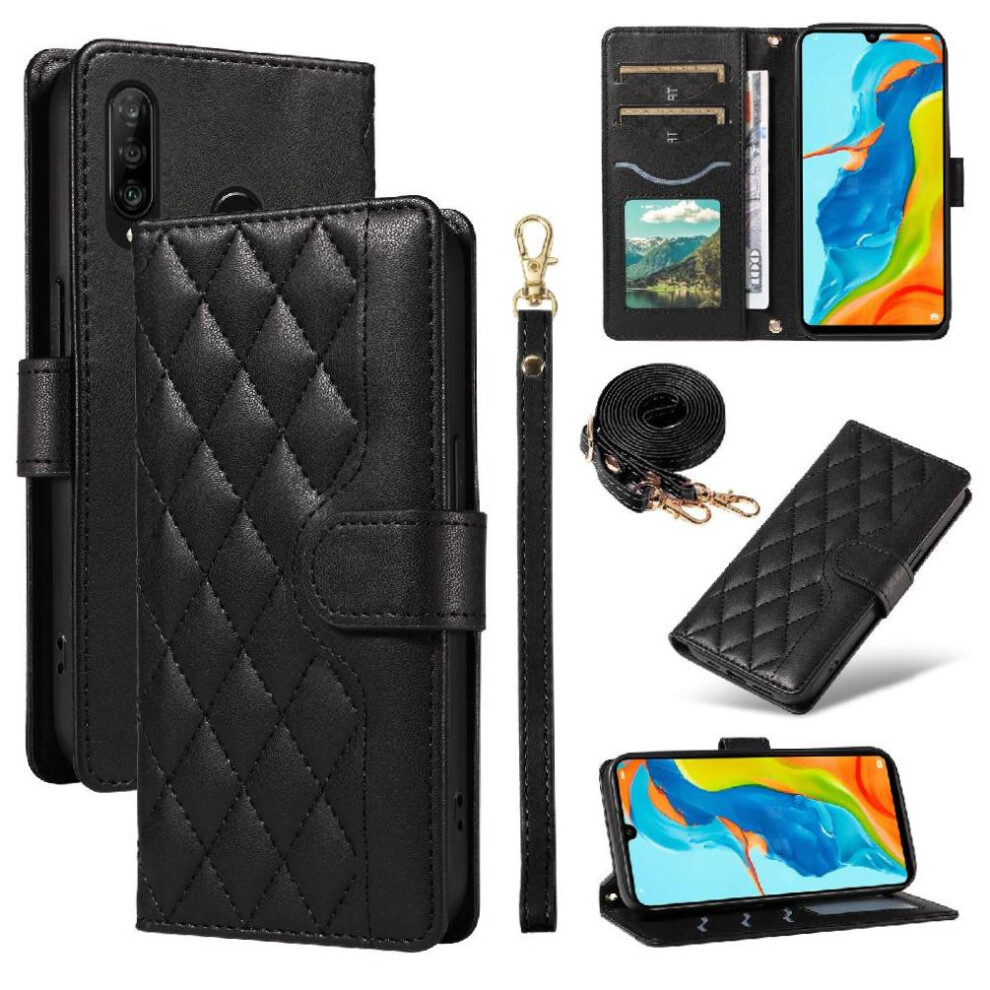 (Black) Flip Case For Huawei P30 Lite Lattice Flip Folio Phone Case With Stand Wallet Card Slots Detachable Wrist Strap And Long Lanyard Black 764549448111