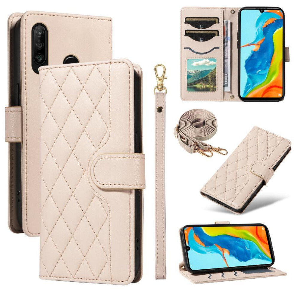 (Creamy ) Flip Case For Huawei P30 Lite Lattice Flip Folio Phone Case With Stand Wallet Card Slots Detachable Wrist Strap And Long Lanyard White 764549448142
