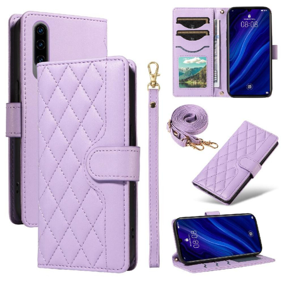(Purple) Flip Case For Huawei P30 Detachable Wrist Strap And Long Lanyard Lattice Flip Folio Phone Case With Stand Wallet Card Slots Purple 764549448203
