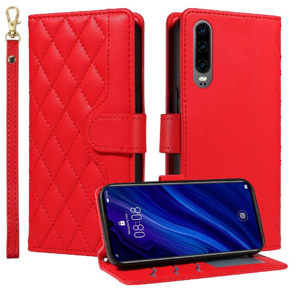 (Red) Flip Case For Huawei P30 Detachable Wrist Strap And Long Lanyard Lattice Flip Folio Phone Case With Stand Wallet Card Slots Red 764549448210