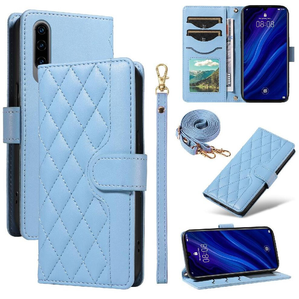 (Blue) Flip Case For Huawei P30 Detachable Wrist Strap And Long Lanyard Lattice Flip Folio Phone Case With Stand Wallet Card Slots Blue 764549448234