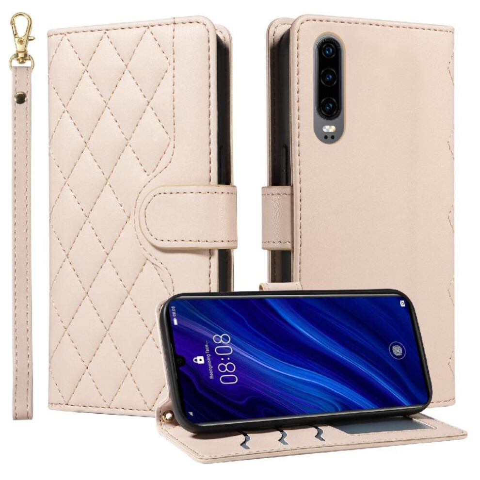 (Creamy ) Flip Case For Huawei P30 Detachable Wrist Strap And Long Lanyard Lattice Flip Folio Phone Case With Stand Wallet Card Slots White 764549448227
