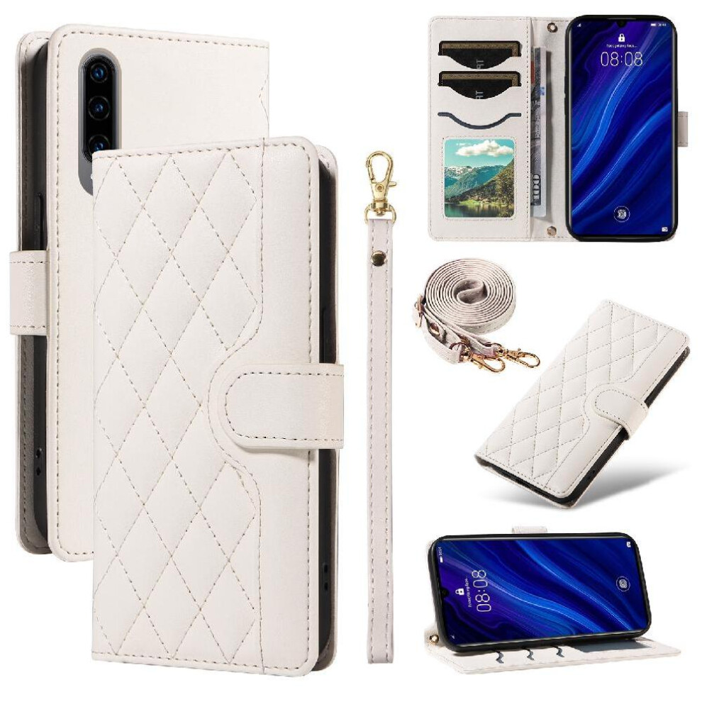 (White) Flip Case For Huawei P30 Detachable Wrist Strap And Long Lanyard Lattice Flip Folio Phone Case With Stand Wallet Card Slots White 764549448258
