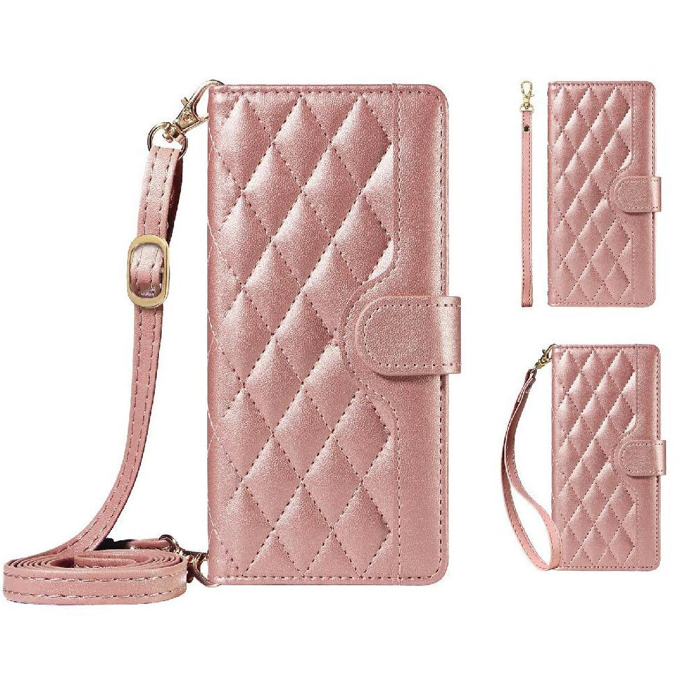 (Pink) Flip Case For Honor X7a Detachable Wrist Strap And Long Lanyard Wallet Card Slots Lattice Flip Folio Phone Case With Stand Pink 764549448500