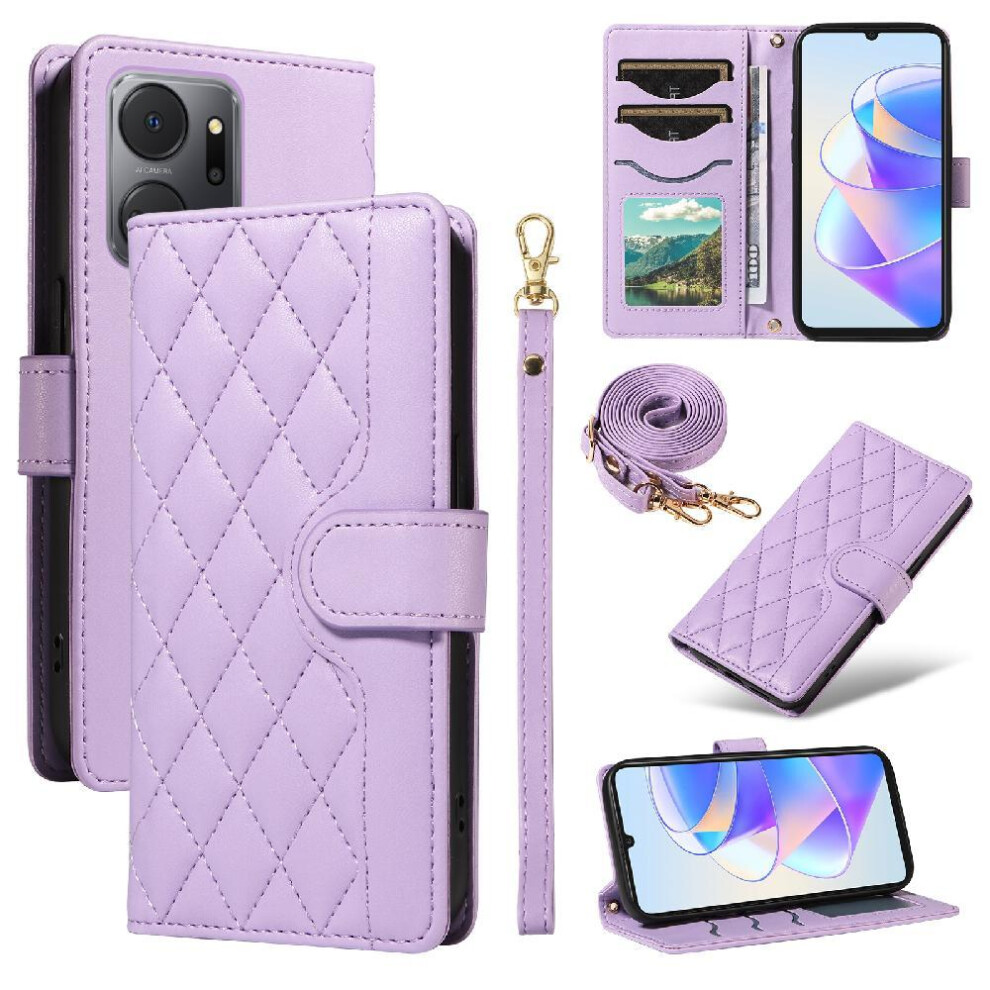 (Purple) Flip Case For Honor X7a Detachable Wrist Strap And Long Lanyard Wallet Card Slots Lattice Flip Folio Phone Case With Stand Purple 764549448524