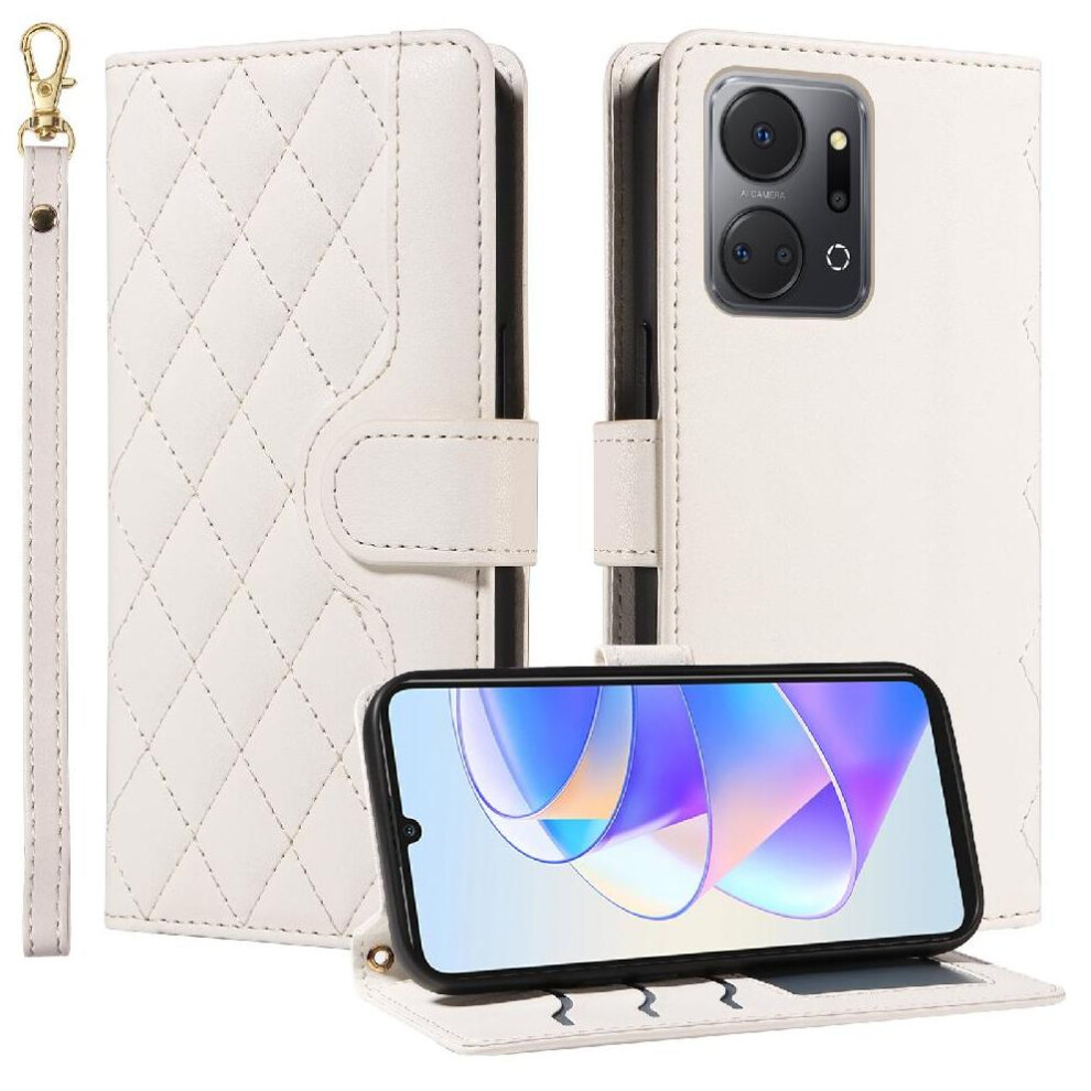(White) Flip Case For Honor X7a Detachable Wrist Strap And Long Lanyard Wallet Card Slots Lattice Flip Folio Phone Case With Stand White 764549448579