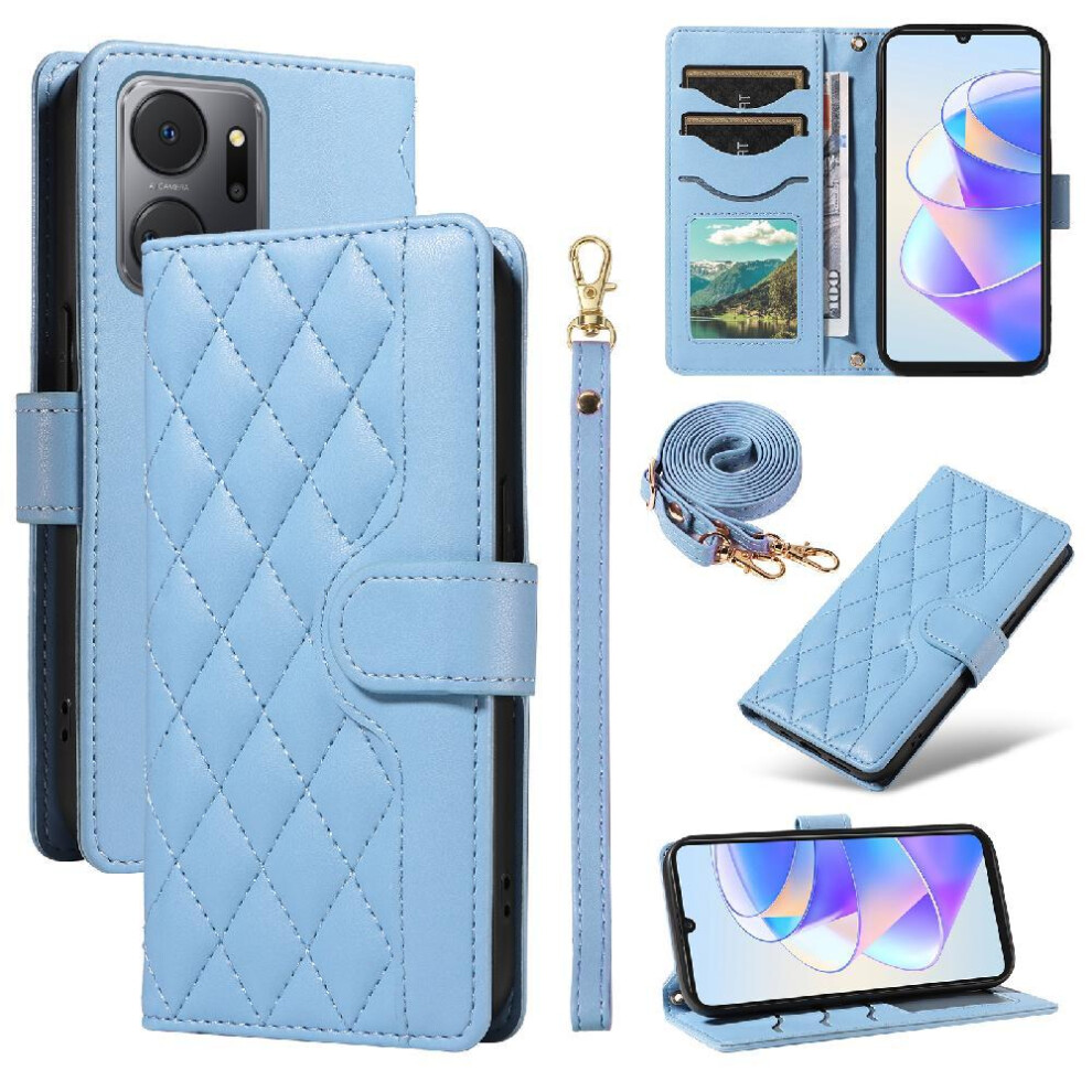 (Blue) Flip Case For Honor X7a Detachable Wrist Strap And Long Lanyard Wallet Card Slots Lattice Flip Folio Phone Case With Stand Blue 764549448555