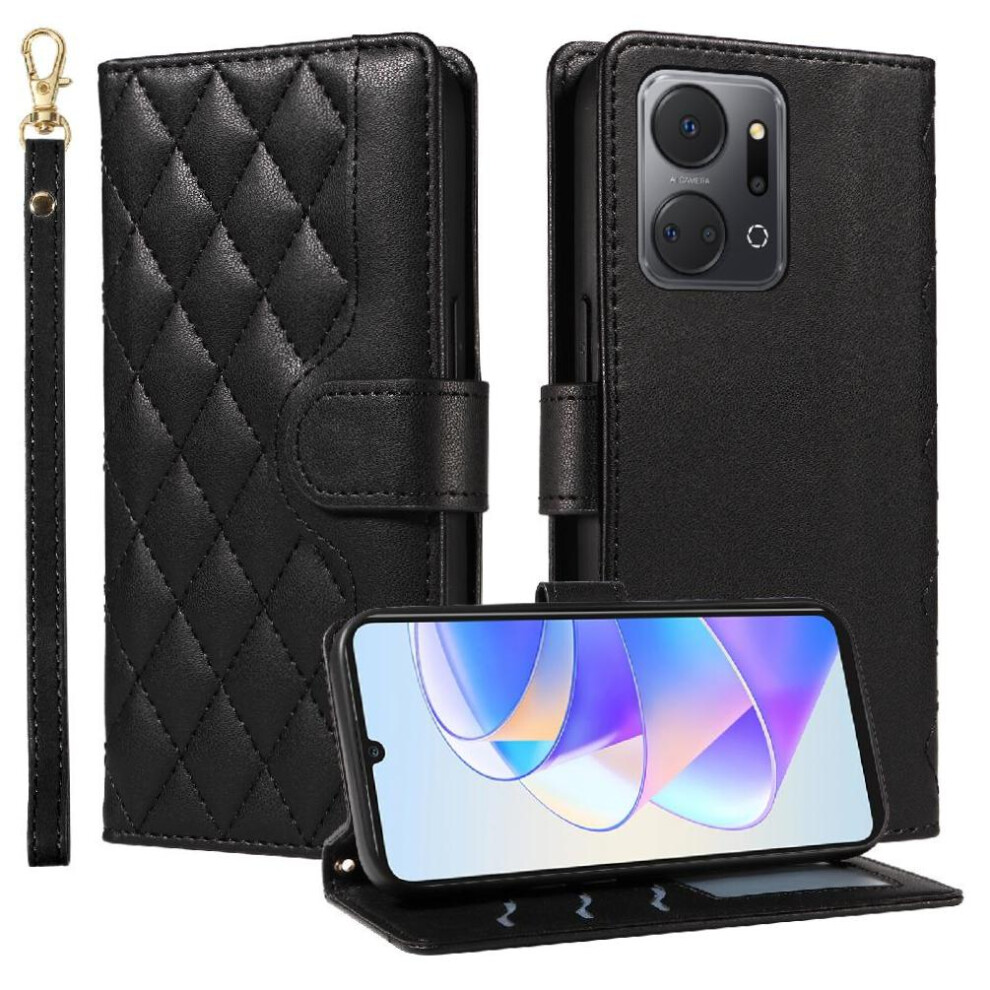 (Black) Flip Case For Honor X7a Detachable Wrist Strap And Long Lanyard Wallet Card Slots Lattice Flip Folio Phone Case With Stand Black 764549448517