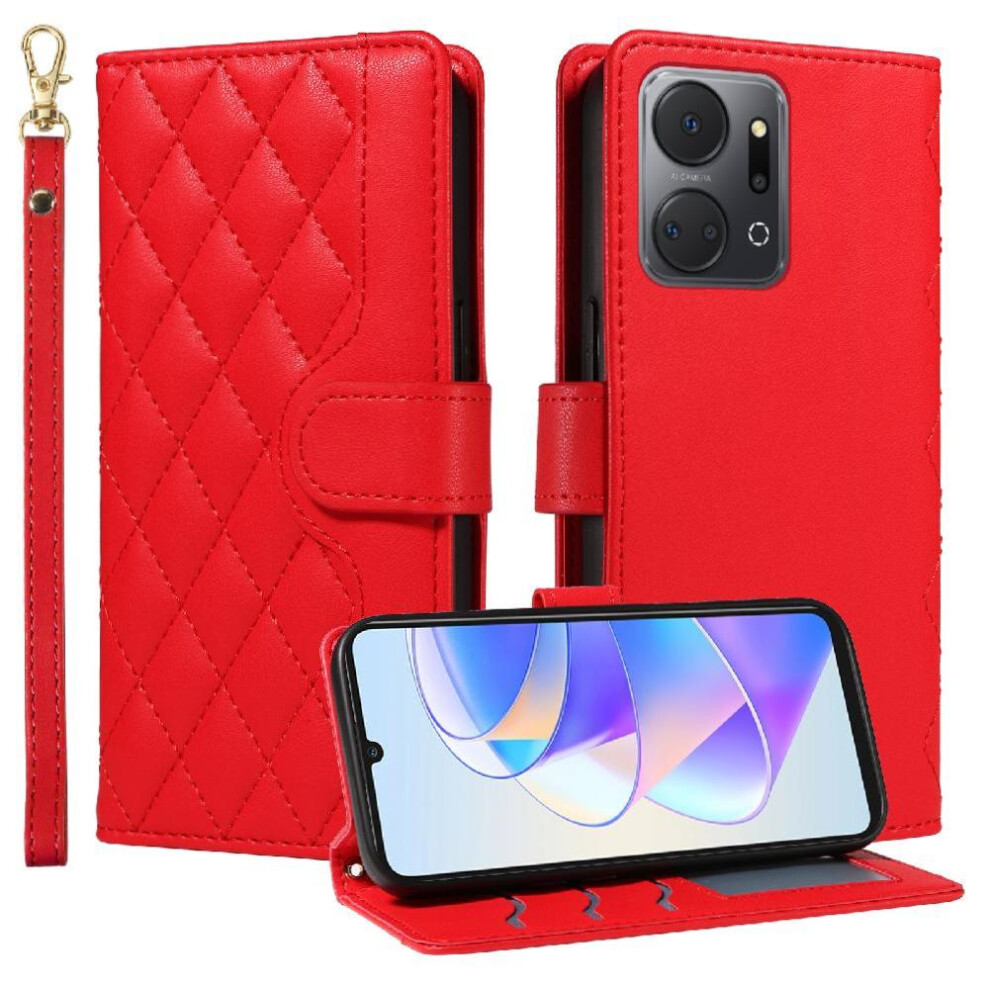 (Red) Flip Case For Honor X7a Detachable Wrist Strap And Long Lanyard Wallet Card Slots Lattice Flip Folio Phone Case With Stand Red 764549448531