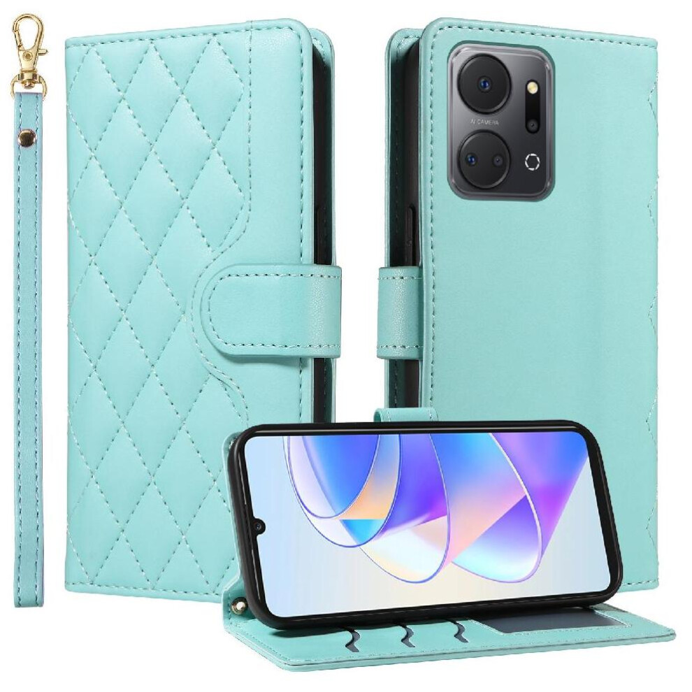 (Green) Flip Case For Honor X7a Detachable Wrist Strap And Long Lanyard Wallet Card Slots Lattice Flip Folio Phone Case With Stand Green 764549448562