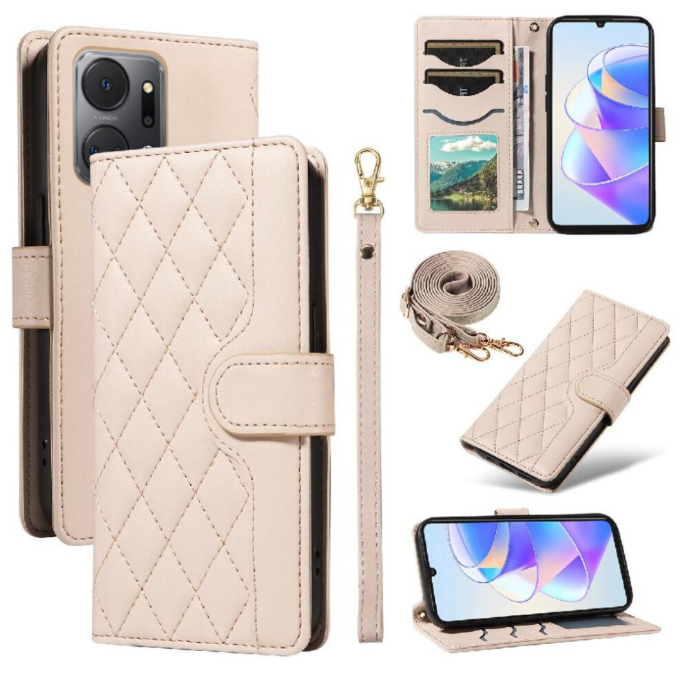 (Creamy ) Flip Case For Honor X7a Detachable Wrist Strap And Long Lanyard Wallet Card Slots Lattice Flip Folio Phone Case With Stand White 764549448548