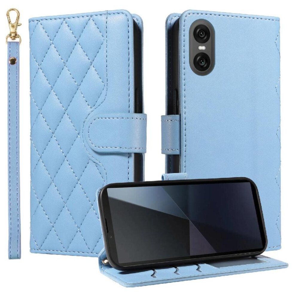 (Blue) Flip Case For Sony Xperia 10 Vi 2024 Lattice Flip Folio Phone Case With Stand Wallet Card Slots Detachable Wrist Strap And Long Lanyard Blue 764549448630
