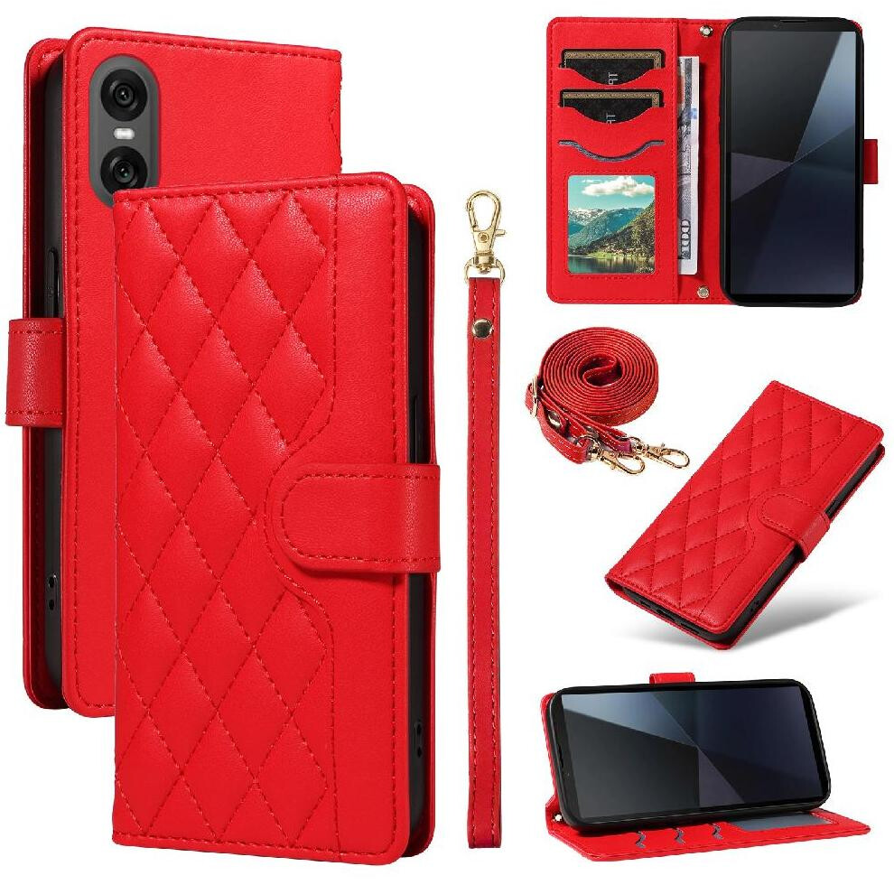 (Red) Flip Case For Sony Xperia 10 Vi 2024 Lattice Flip Folio Phone Case With Stand Wallet Card Slots Detachable Wrist Strap And Long Lanyard Red 764549448616