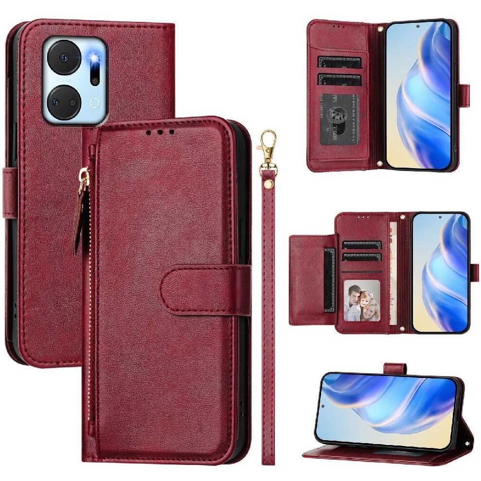 (Red) Flip Case For Honor X7a 4G Card Holder Zipper Pu Leather Magnetic Red 764549448692