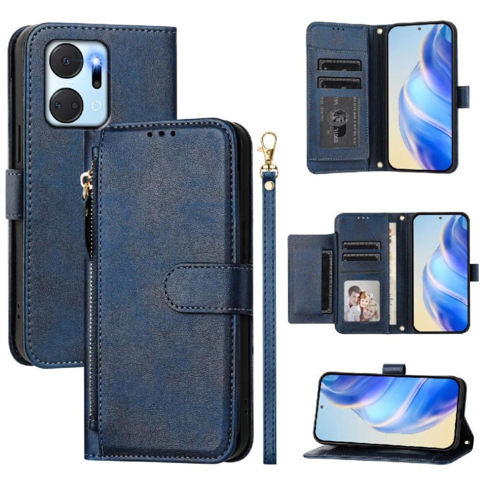 (Blue) Flip Case For Honor X7a 4G Card Holder Zipper Pu Leather Magnetic Blue 764549448678