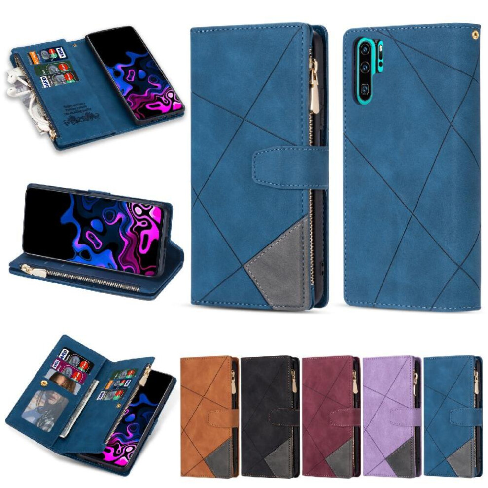 (Blue) Wallet Case For Huawei P30 Pro Kickstand Magnetic Closure 5 Card Holders Wrist Strap Blue 764549448791