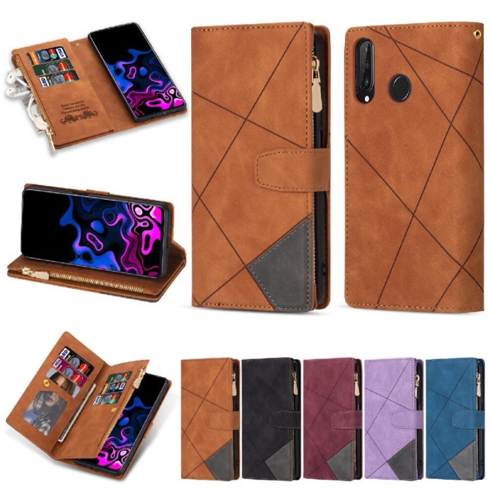 (Brown) Wallet Case For Huawei P30 Lite Wrist Strap Magnetic Closure Kickstand 5 Card Holders Brown 764549448852