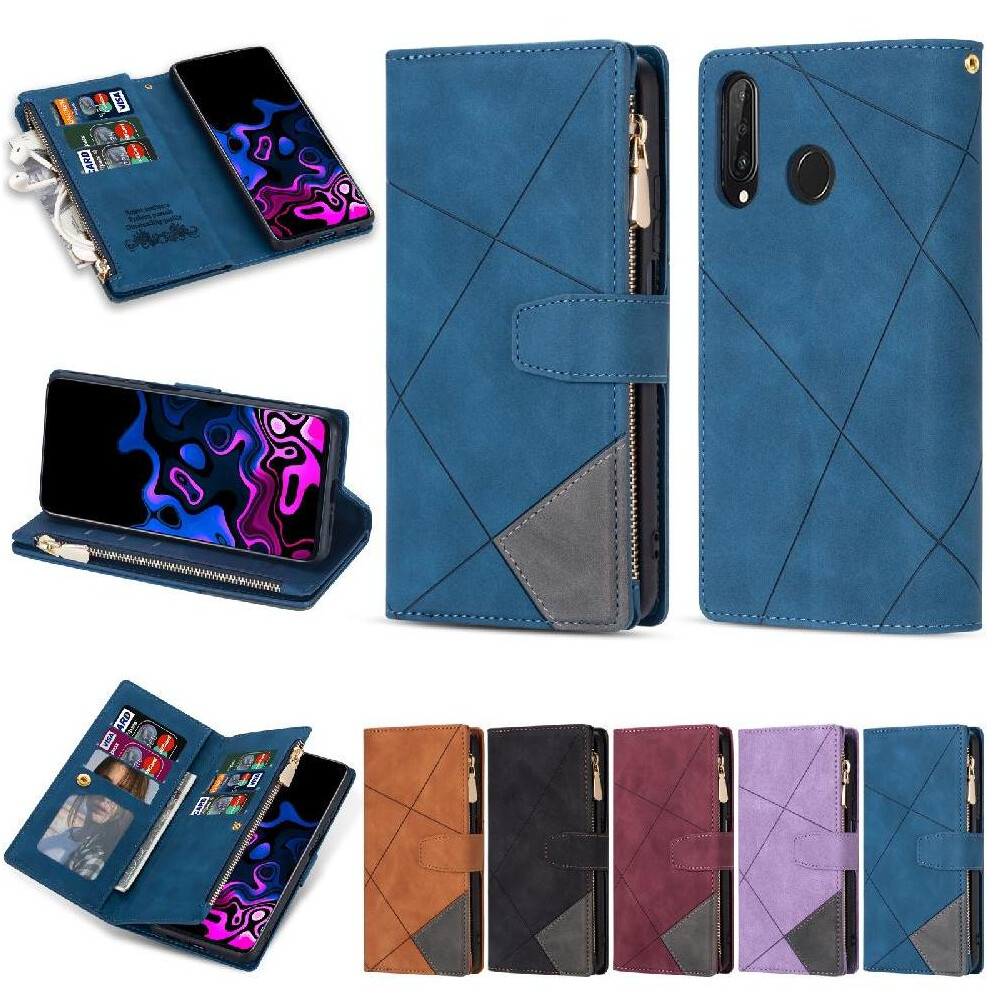 (Blue) Wallet Case For Huawei P30 Lite Wrist Strap Magnetic Closure Kickstand 5 Card Holders Blue 764549448845
