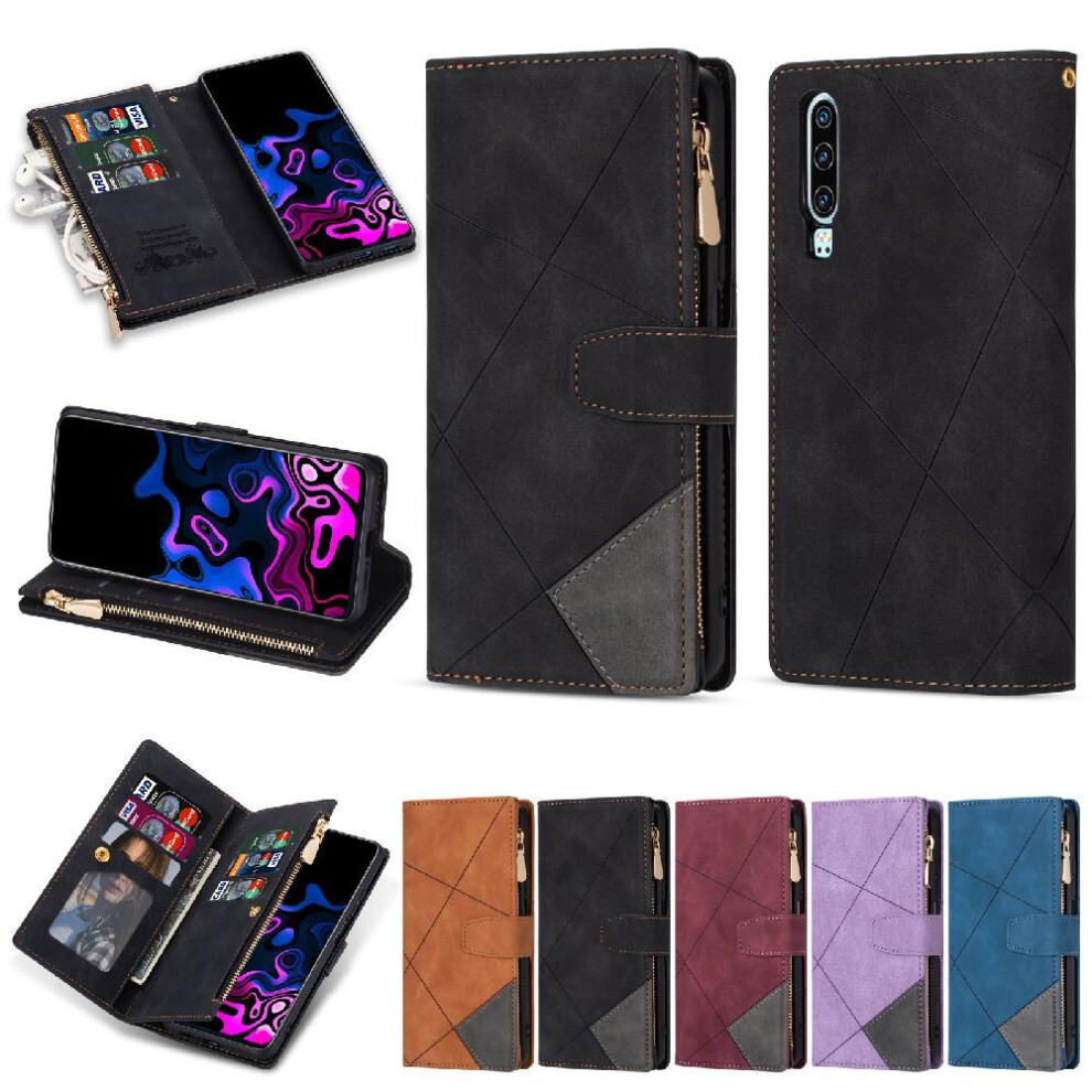 (Black) Wallet Case For Huawei P30 5 Card Holders Wrist Strap Magnetic Closure Kickstand Black 764549448920