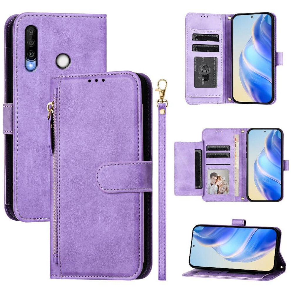 (Purple) Flip Case For Huawei P30 Lite Card Holder Zipper Pu Leather Magnetic Purple 764549449095