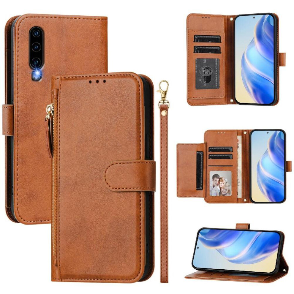 (Brown) Flip Case For Huawei P30 Pu Leather Magnetic Zipper Card Holder Brown 764549449163