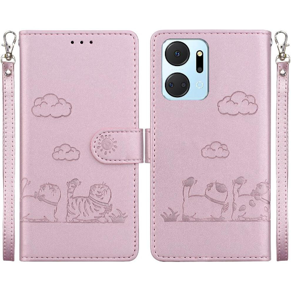 (Pink) Flip Case For Honor X7a Card Slot Holder Kickstand Cat Rfid Leather Wallet Pink 764549449323