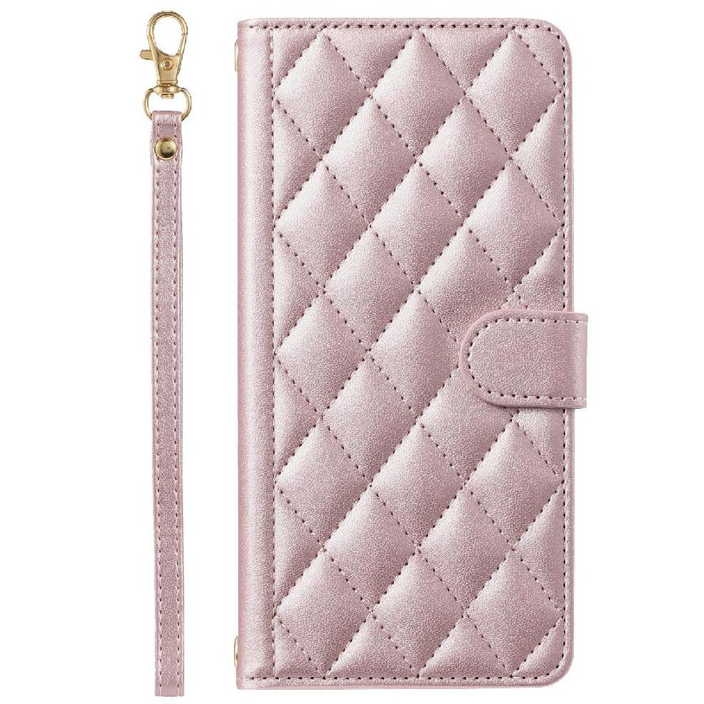 (Pink) Phone Case For Sony Xperia 10 Vi Lattice Magnetic Hand Strap Flip Folio Wallet Card Slots Holder Pink 764549449385