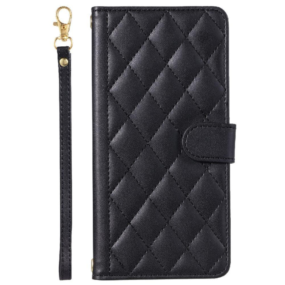(Black) Phone Case For Sony Xperia 10 Vi Lattice Magnetic Hand Strap Flip Folio Wallet Card Slots Holder Black 764549449422