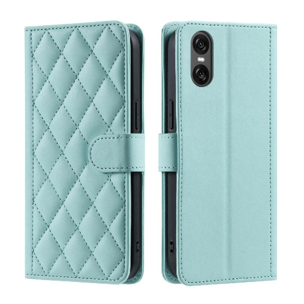 (Green) Phone Case For Sony Xperia 10 Vi Lattice Magnetic Hand Strap Flip Folio Wallet Card Slots Holder Green 764549449392