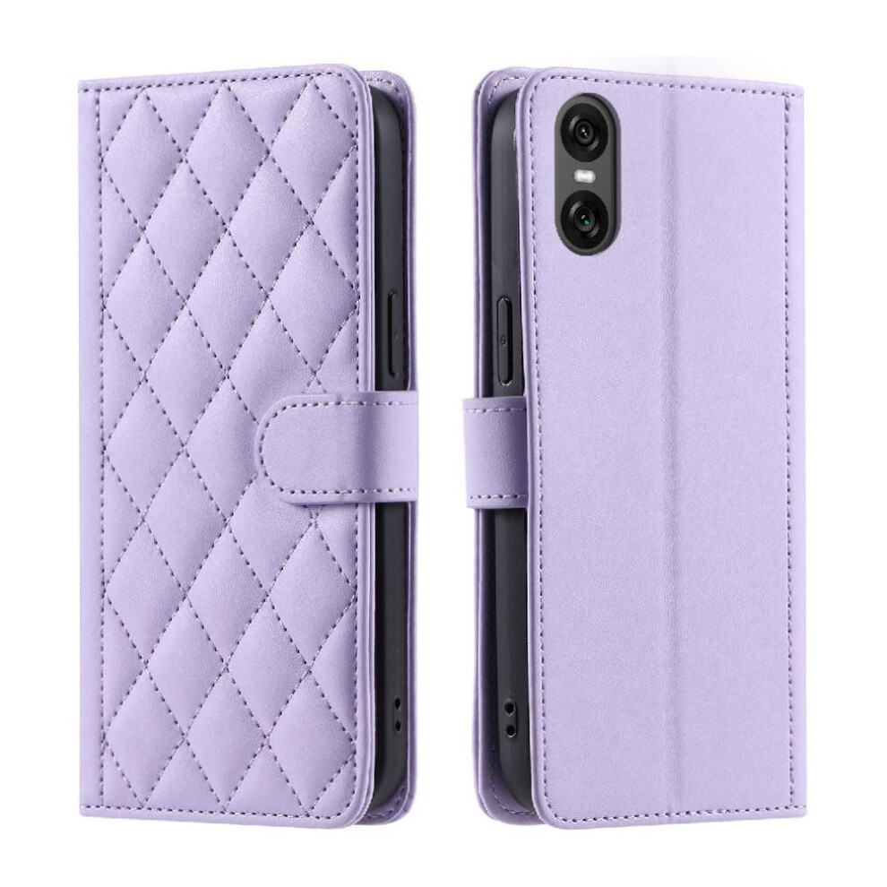 (Purple) Phone Case For Sony Xperia 10 Vi Lattice Magnetic Hand Strap Flip Folio Wallet Card Slots Holder Purple 764549449415