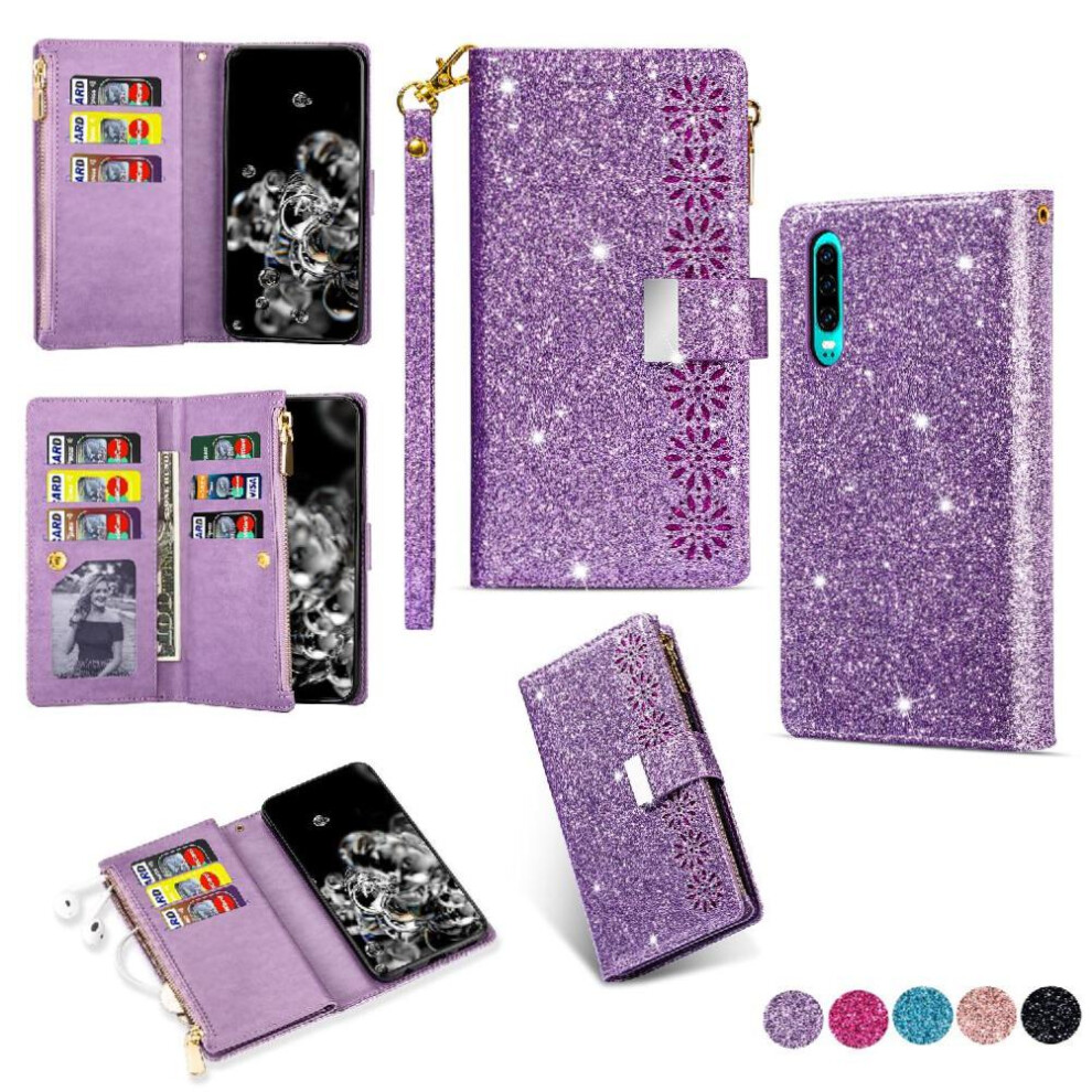 (Purple) Glitter Wallet Case For Huawei P30 Kickstand Magnetic Zipper Pocket Wrist Strap Wallet Case Card Holder Purple 764549449927