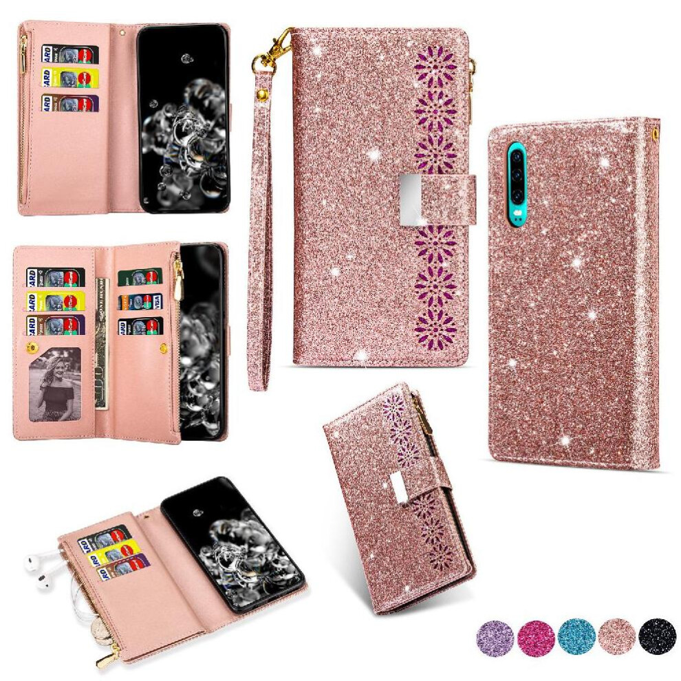 (Rose ) Glitter Wallet Case For Huawei P30 Kickstand Magnetic Zipper Pocket Wrist Strap Wallet Case Card Holder Gold 764549449958