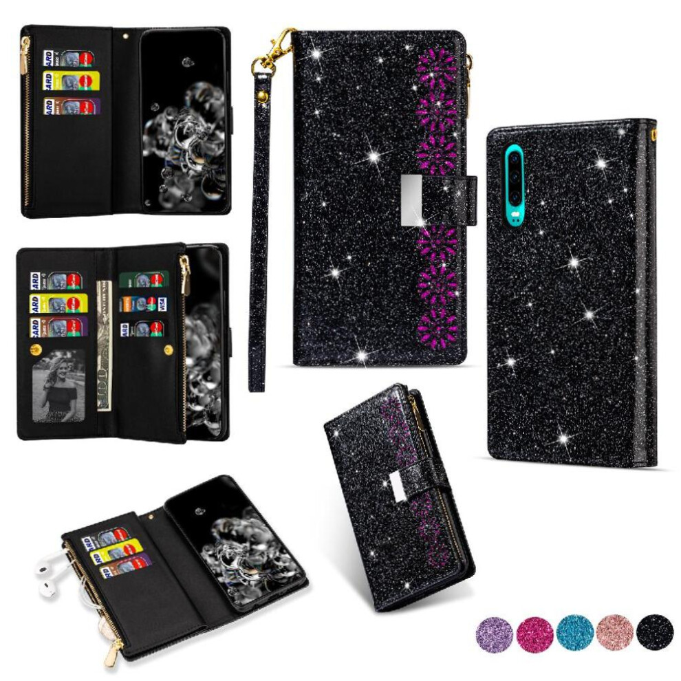 (Black) Glitter Wallet Case For Huawei P30 Kickstand Magnetic Zipper Pocket Wrist Strap Wallet Case Card Holder Black 764549449965