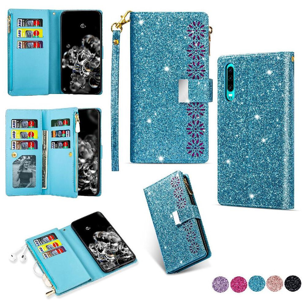 (Light ) Glitter Wallet Case For Huawei P30 Kickstand Magnetic Zipper Pocket Wrist Strap Wallet Case Card Holder Blue 764549449941