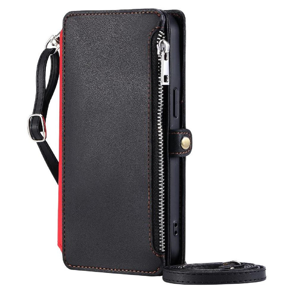 (Black) Crossbody Case For Huawei P30 Pro Long Lanyard Rfid Blocking Case Wallet 9 Card Slots Zipper Bills Slot Black