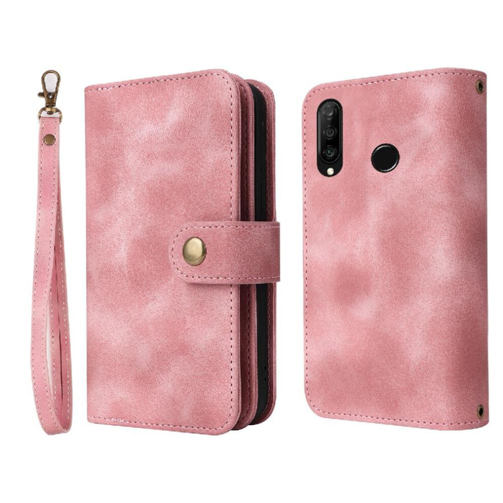 (Pink) Flip Case For Huawei P30 Lite Shockproof Flip Multifunctional Wallet Card Slots Wrist Strap Pink 764549450336