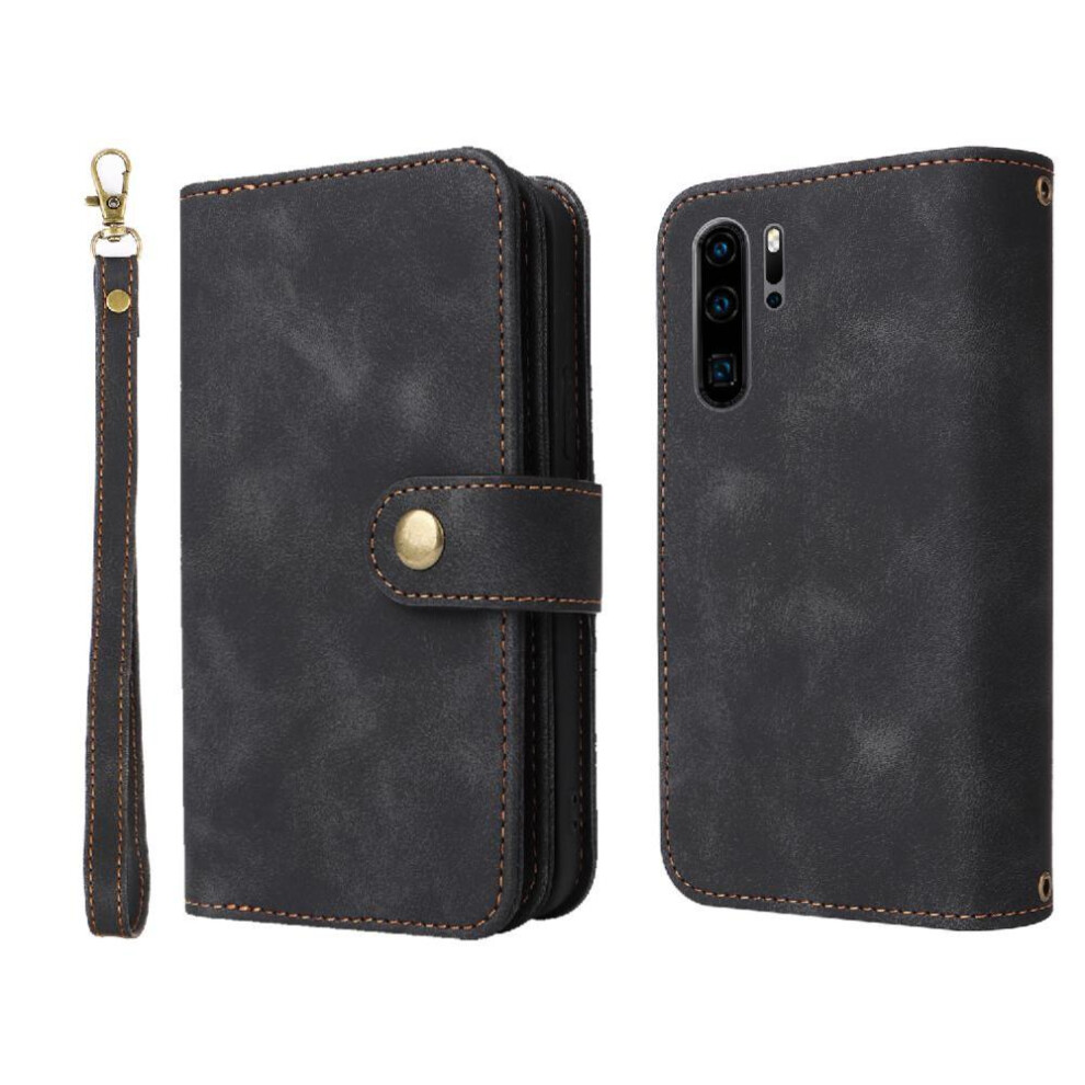 (Black) Flip Case For Huawei P30 Pro Multifunctional Wallet Card Slots Flip Shockproof Wrist Strap Black 764549450411