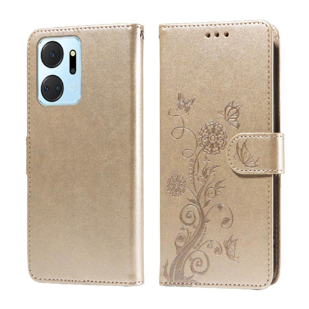 (Gold) Flip Case For Honor X7a 4G Flower Leather Cardslots Flip Gold 764549450565