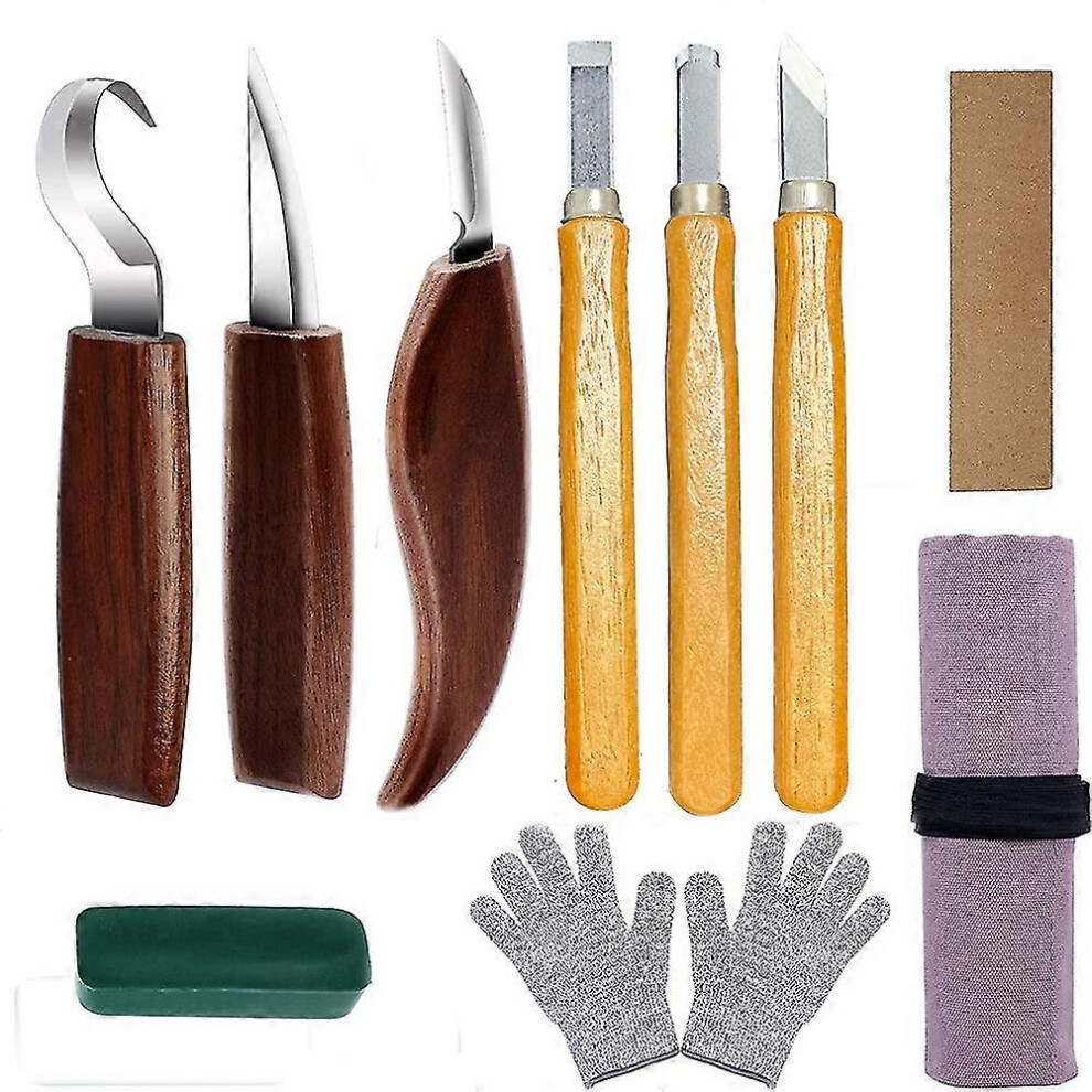 (As show, One size) 10-in-1 wood carving kit, woodworking knife, bevel knife and 3 carving knives with bag, cut resistant gloves and sharpener