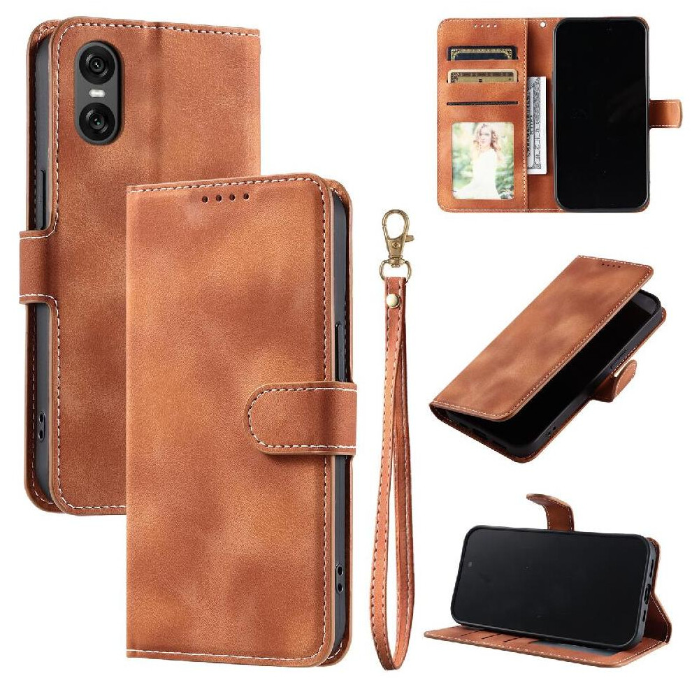 (Brown) Flip Case For Sony Xperia 10 Vi Magnetic Kickstand Pu Leather Wrist Strap Wallet Card Slots Brown 764549451029