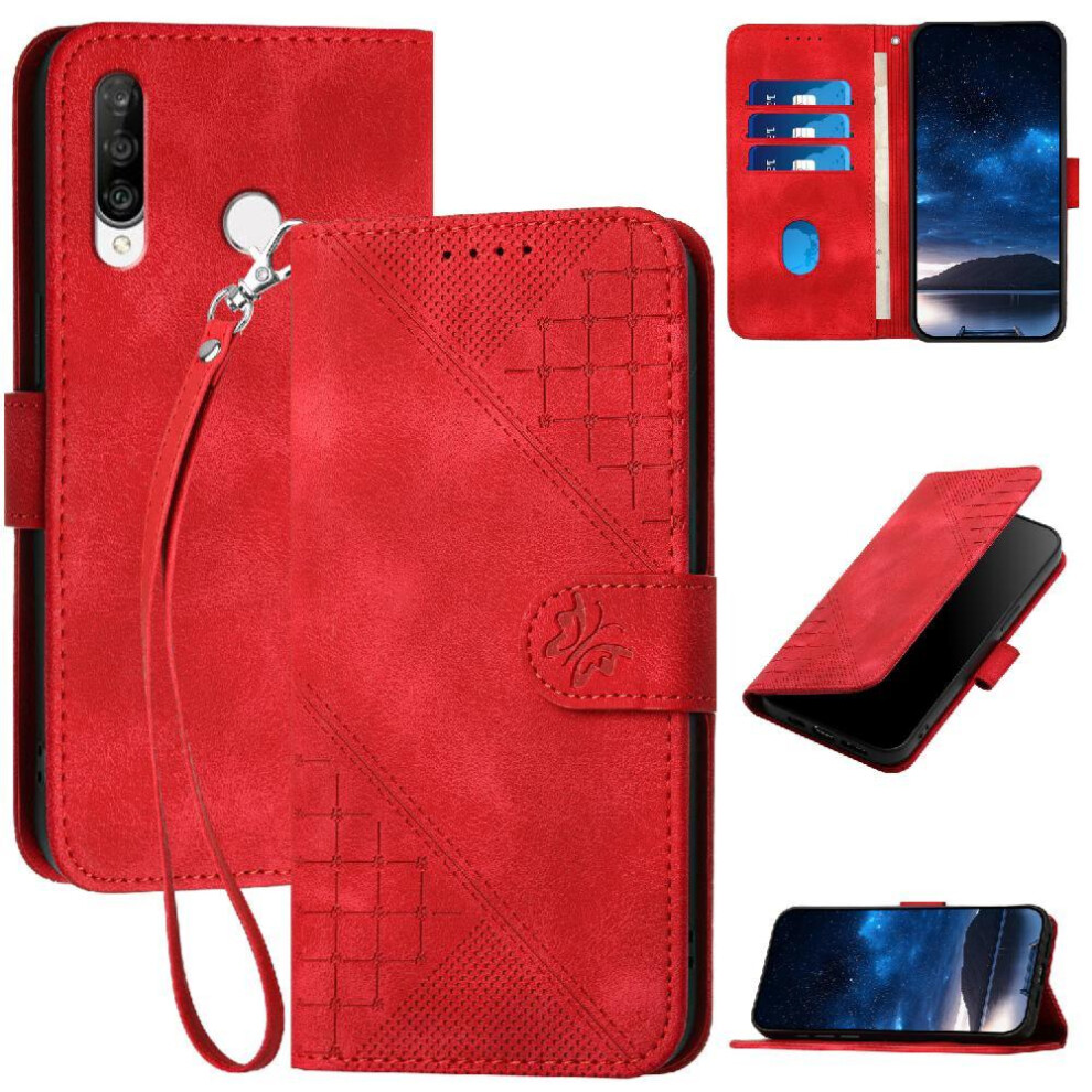 (Red) Flip Case For Huawei P30 Lite And Credit Card Slot High Quality Leather Phone Case With Detachable Hand Strap Embossed Butterfly Red 764549451104