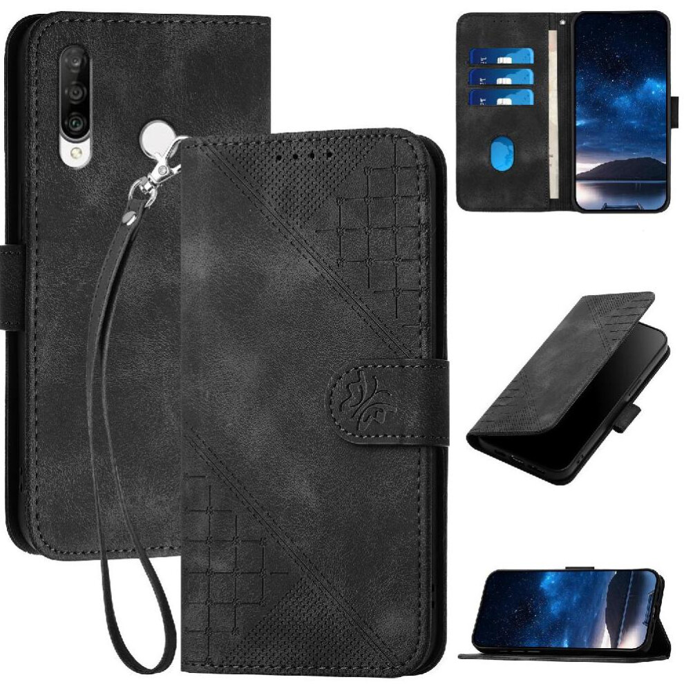 (Black) Flip Case For Huawei P30 Lite And Credit Card Slot High Quality Leather Phone Case With Detachable Hand Strap Embossed Butterfly Black 764549451111