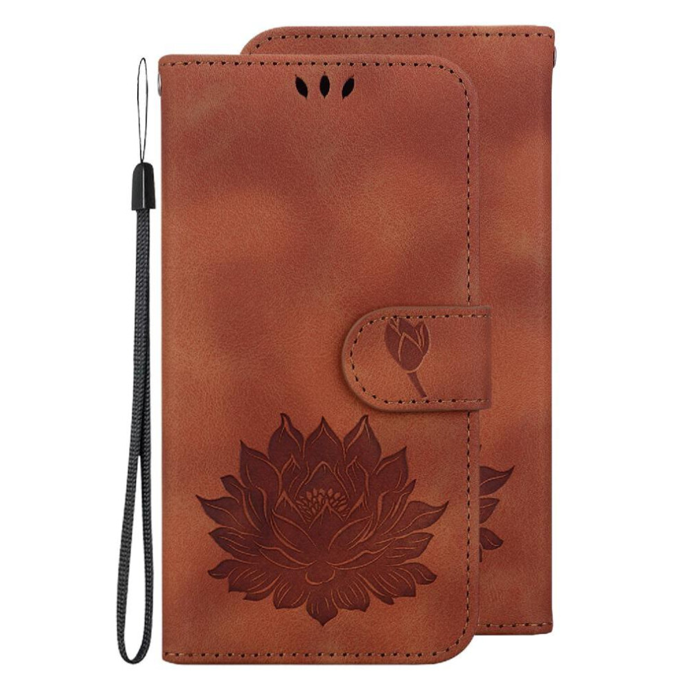 (Brown) Flip Case For Honor X7a Kickstand Kickstand Magnetic Wallet Relief Lotus Flower Brown 764549451265
