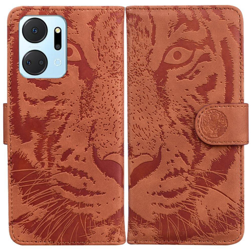 (Brown) Flip Case For Honor X7a Leather Wallet Embossed Cute Tiger Kickstand Protective Brown 764549451449