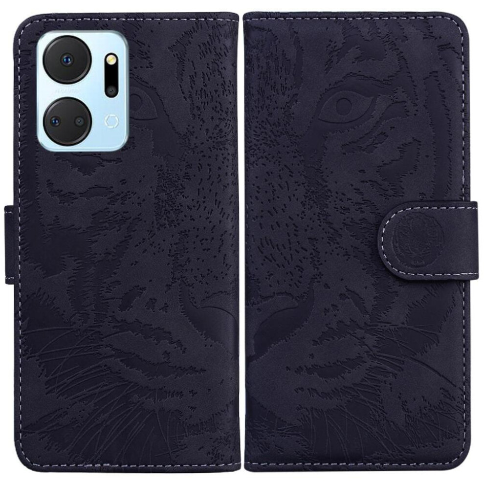 (Black) Flip Case For Honor X7a Leather Wallet Embossed Cute Tiger Kickstand Protective Black 764549451401