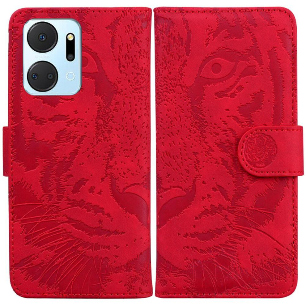 (Red) Flip Case For Honor X7a Leather Wallet Embossed Cute Tiger Kickstand Protective Red 764549451418